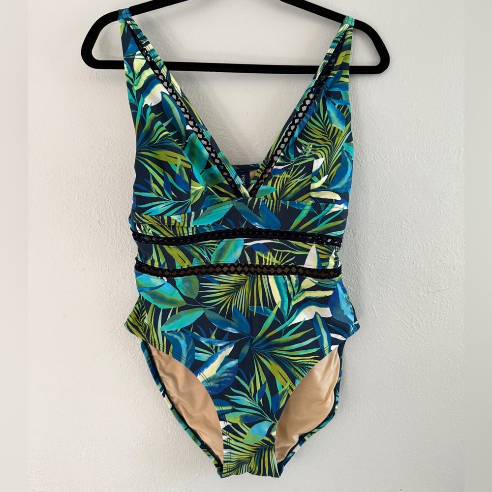 Swimsuits For All Lattice One Piece Swimsuit Tropical Palm Print  Size 10